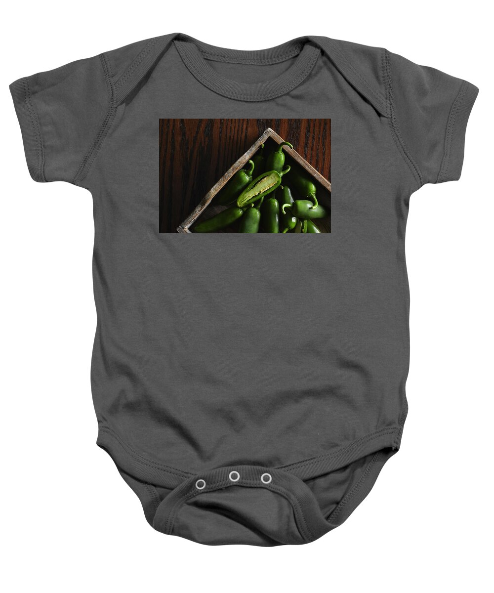 Fresh Baby Onesie featuring the photograph Jalapenos in a wooden box by Cuisine at Home