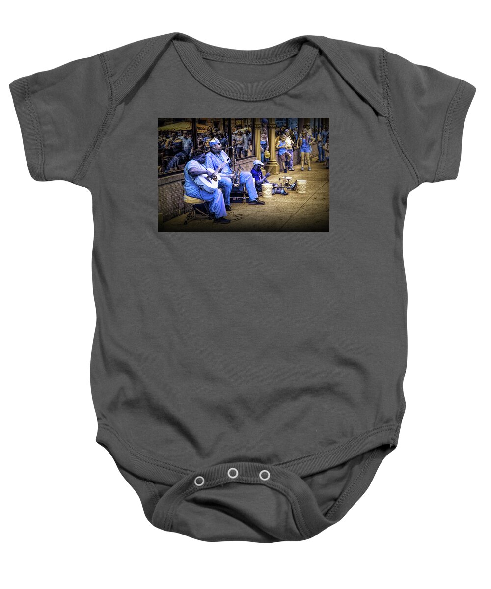Street Baby Onesie featuring the photograph Jazz Musician Street Buskers in Infrared by Randall Nyhof