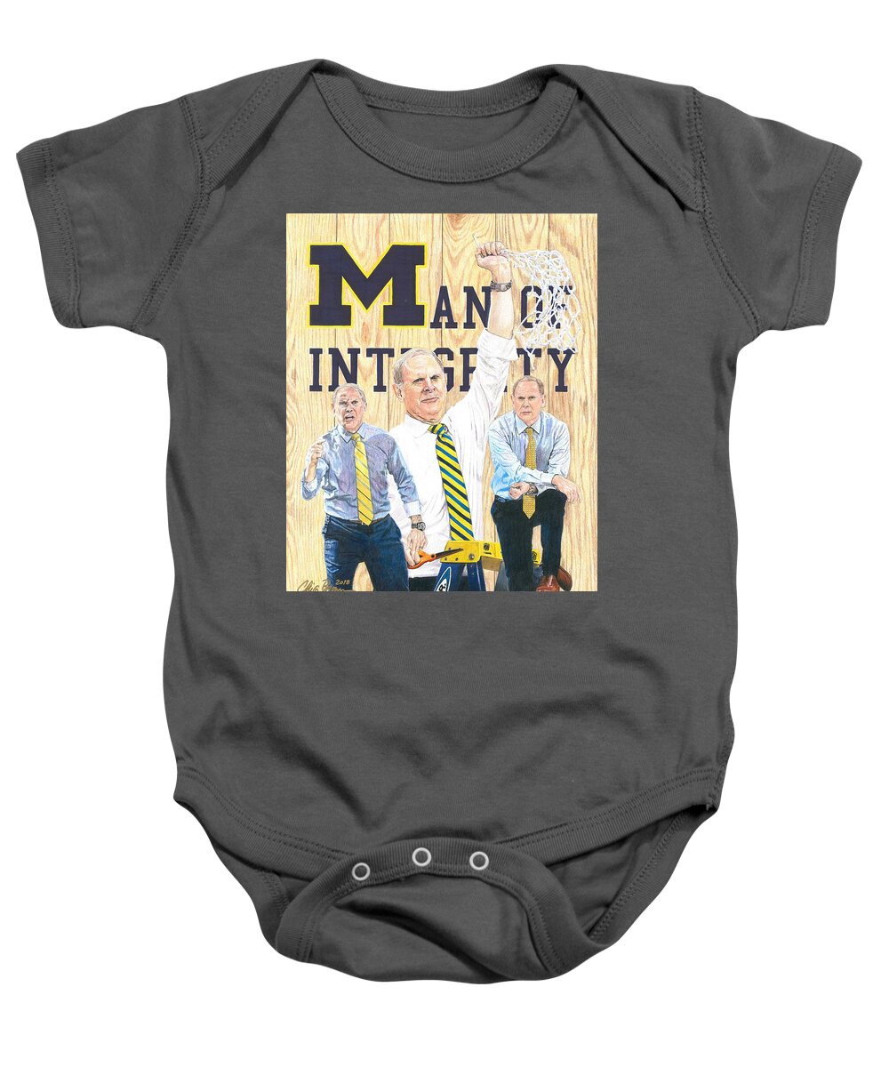 Michigan Wolverines Baby Onesie featuring the drawing John Beilein - Man of Integrity by Chris Brown