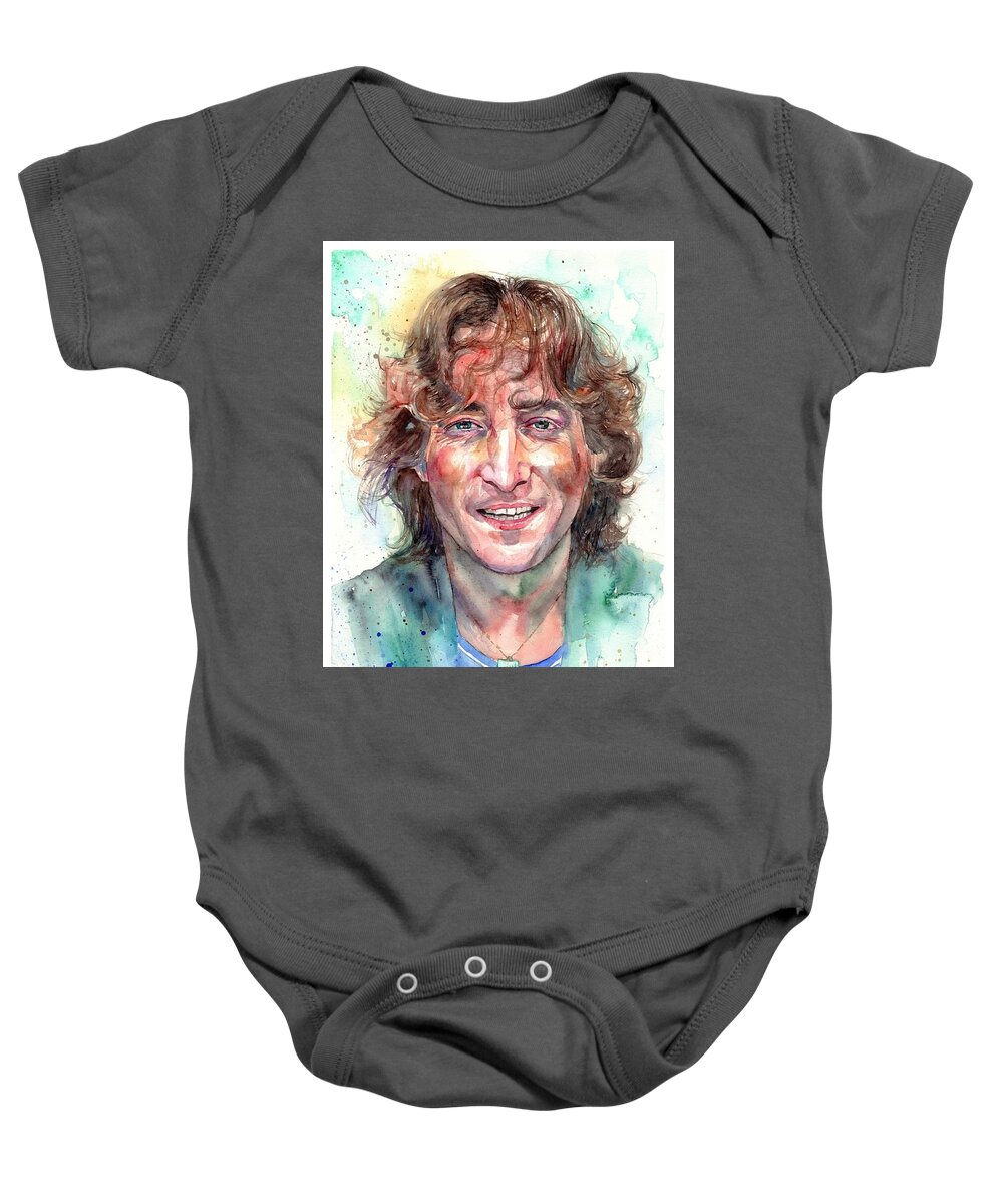 John Lennon Baby Onesie featuring the painting John Lennon Smiling by Suzann Sines