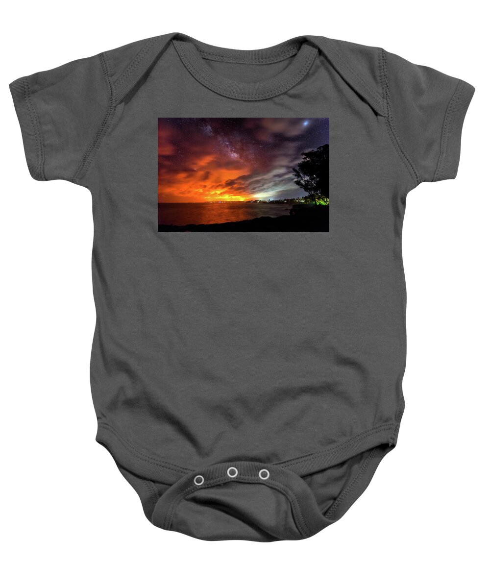 Big Island Baby Onesie featuring the photograph Kaloli Point Lava Glow and Milky Way by Jason Chu