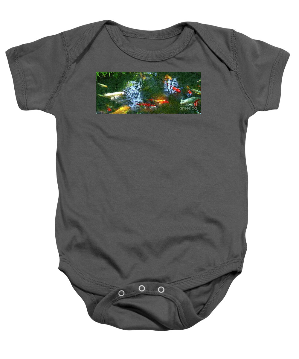 Koi Baby Onesie featuring the painting Koi Pond in Motion 40x16 Dar by Bonnie Marie
