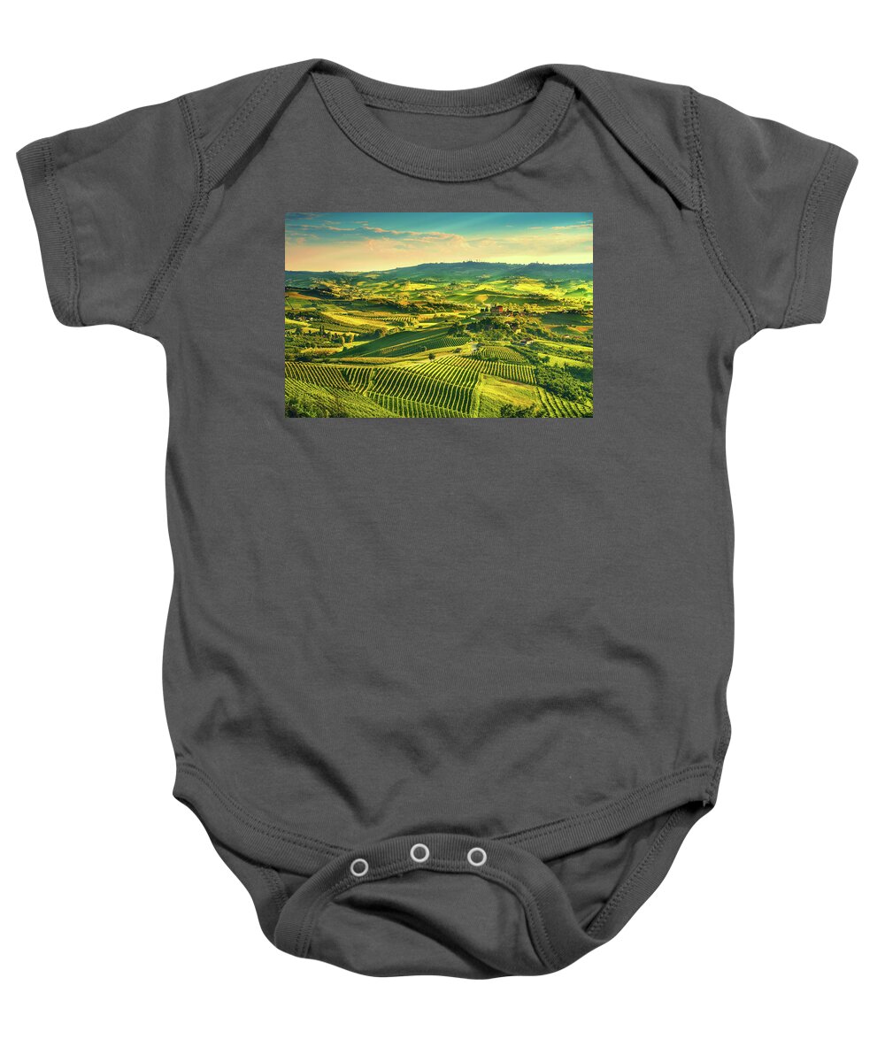 Vineyards Baby Onesie featuring the photograph Langhe vineyards sunset panorama, Grinzane Covour, Piedmont, Ita by Stefano Orazzini