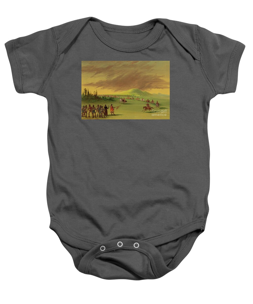 Catlin Baby Onesie featuring the painting Lasalle meets on the prairie of Texas, a war party of Cenis Indians, April 25th, 1686. by George Catlin