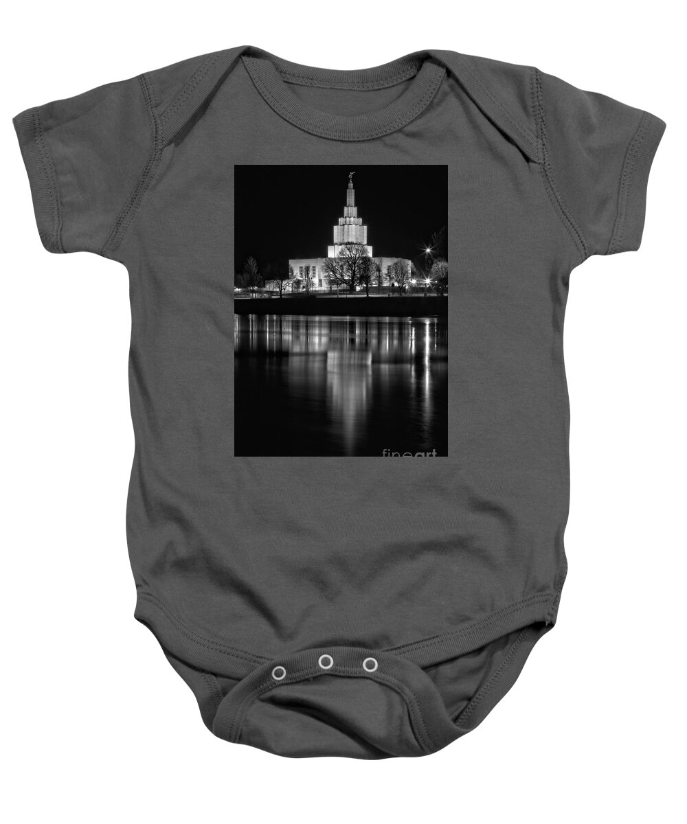 Idaho Falls Baby Onesie featuring the photograph Lighting Up Idaho Falls Black And White by Adam Jewell