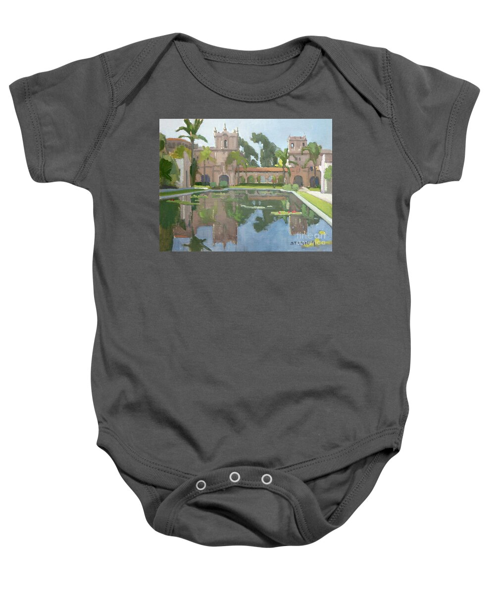 Lily Pond Baby Onesie featuring the painting Reflection Pond Balboa Park San Diego by Paul Strahm