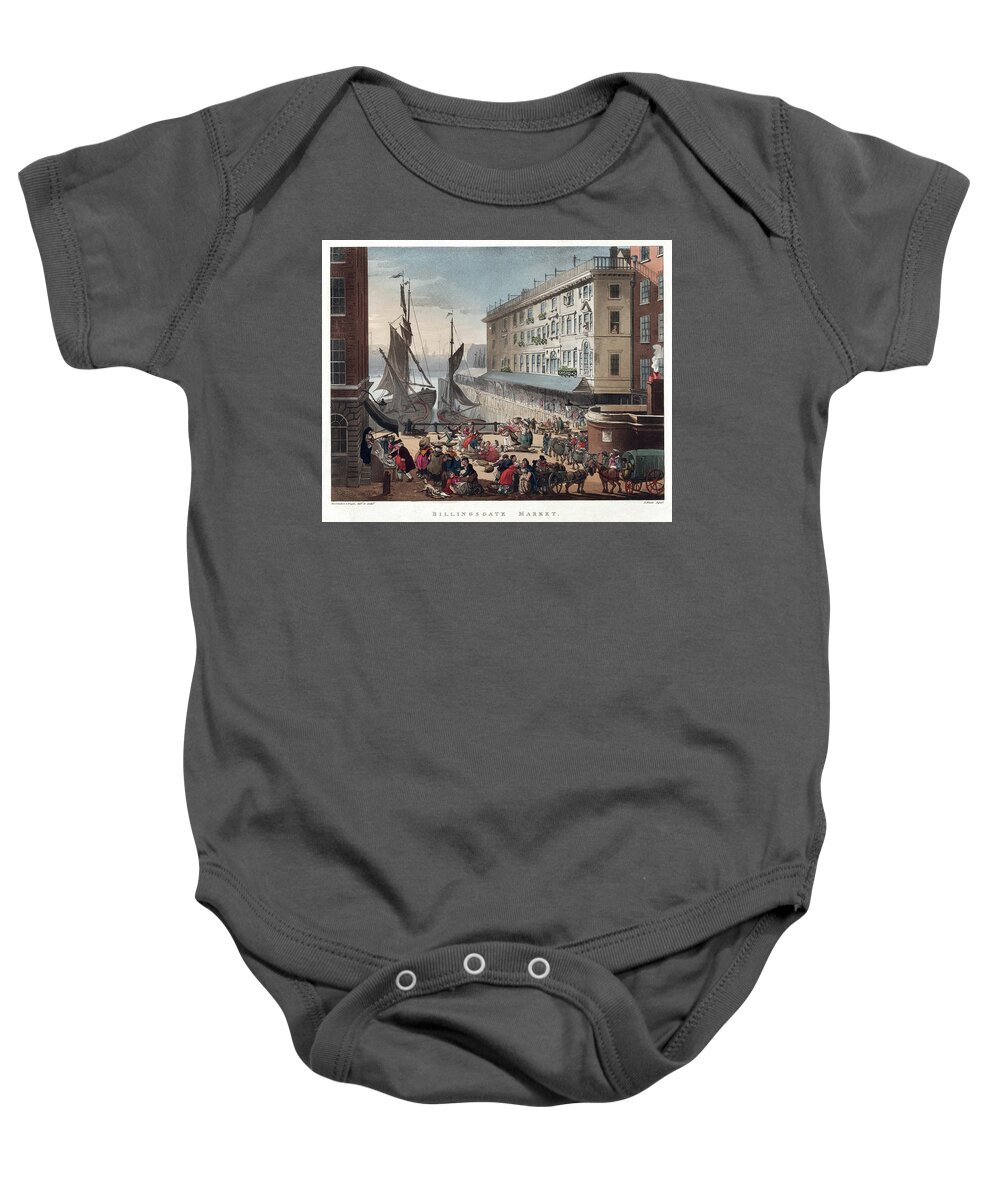 B1019 Baby Onesie featuring the painting Billingsgate Fish Market in London, England, 1808 by John Bluck