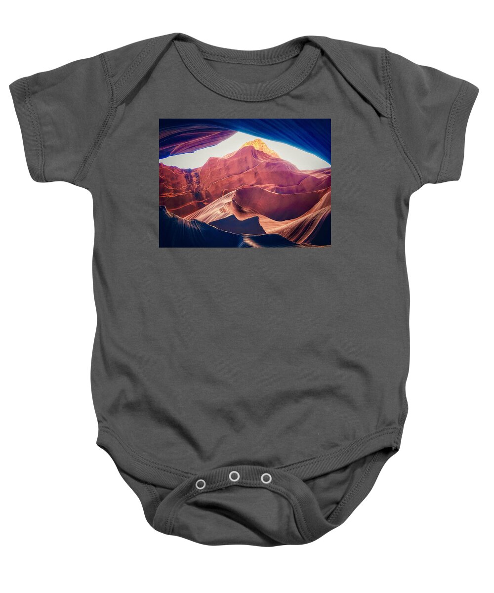 Lower Antelope Canyon Baby Onesie featuring the photograph Lower Antelope Canyon - Rocky Mountain Sunset by Doris Aguirre