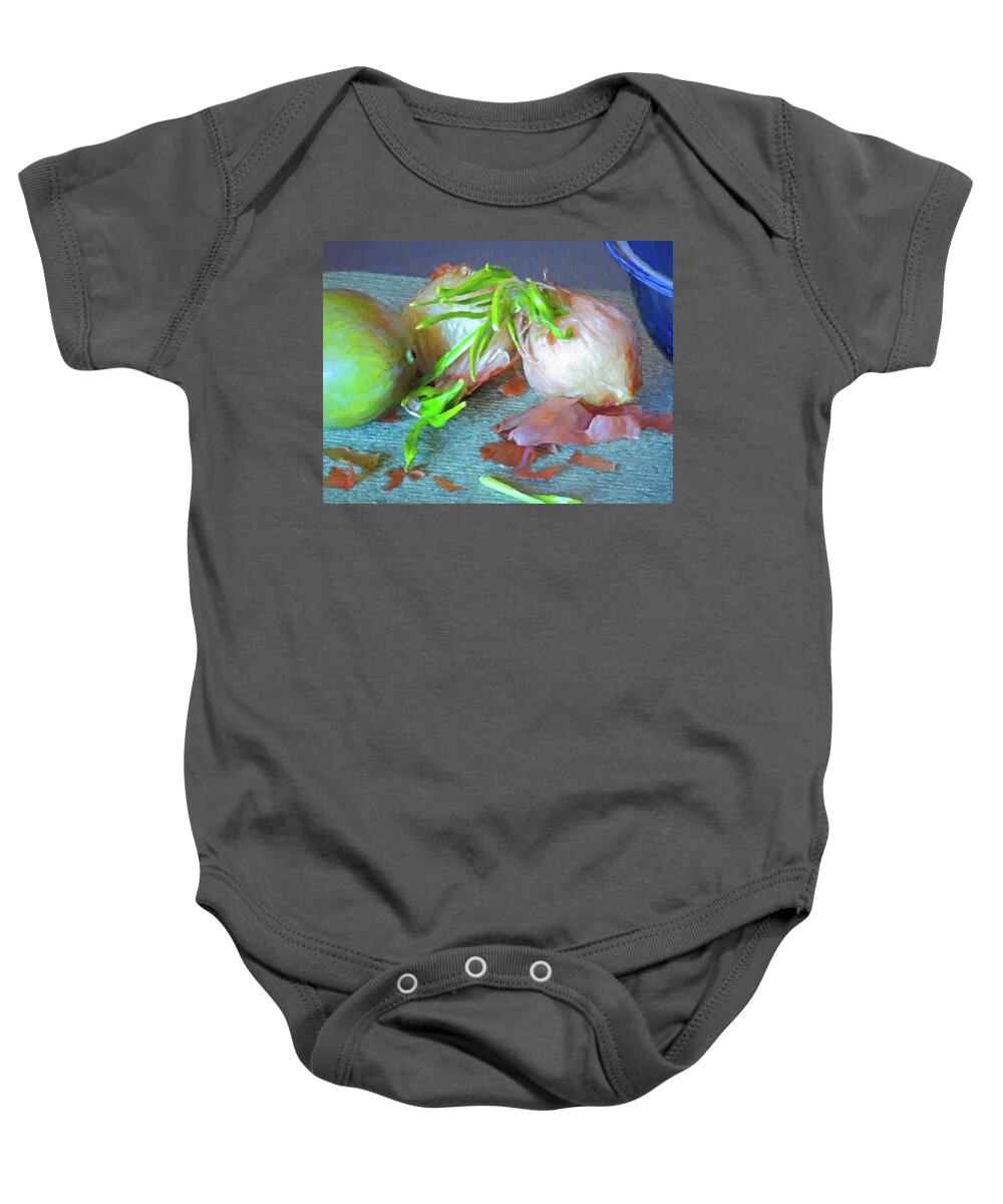 Kitchen Baby Onesie featuring the mixed media Mango and Two Onions by Lynda Lehmann