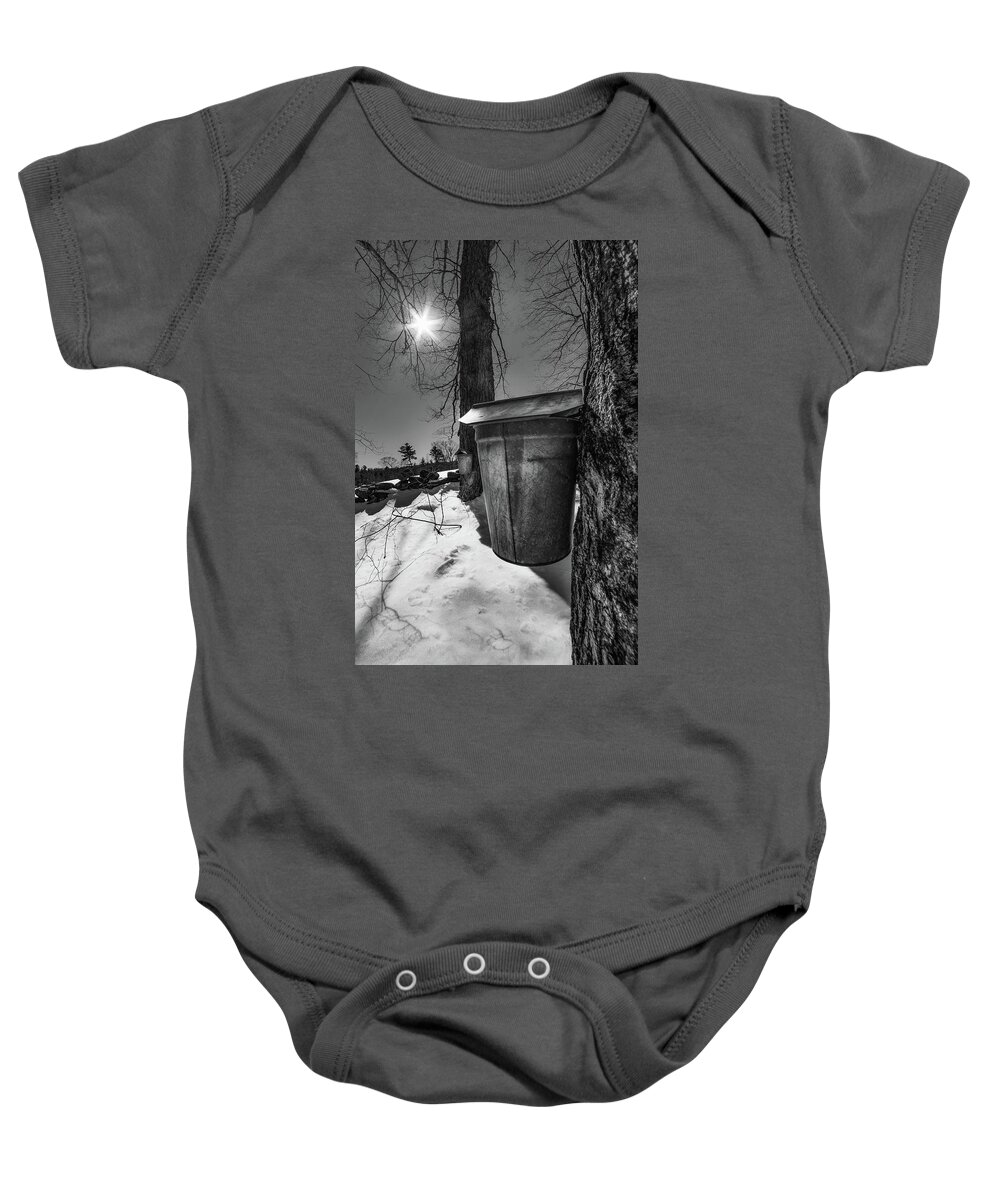 Maple Sap Bucket Baby Onesie featuring the photograph Maple Sap Bucket by Joann Vitali