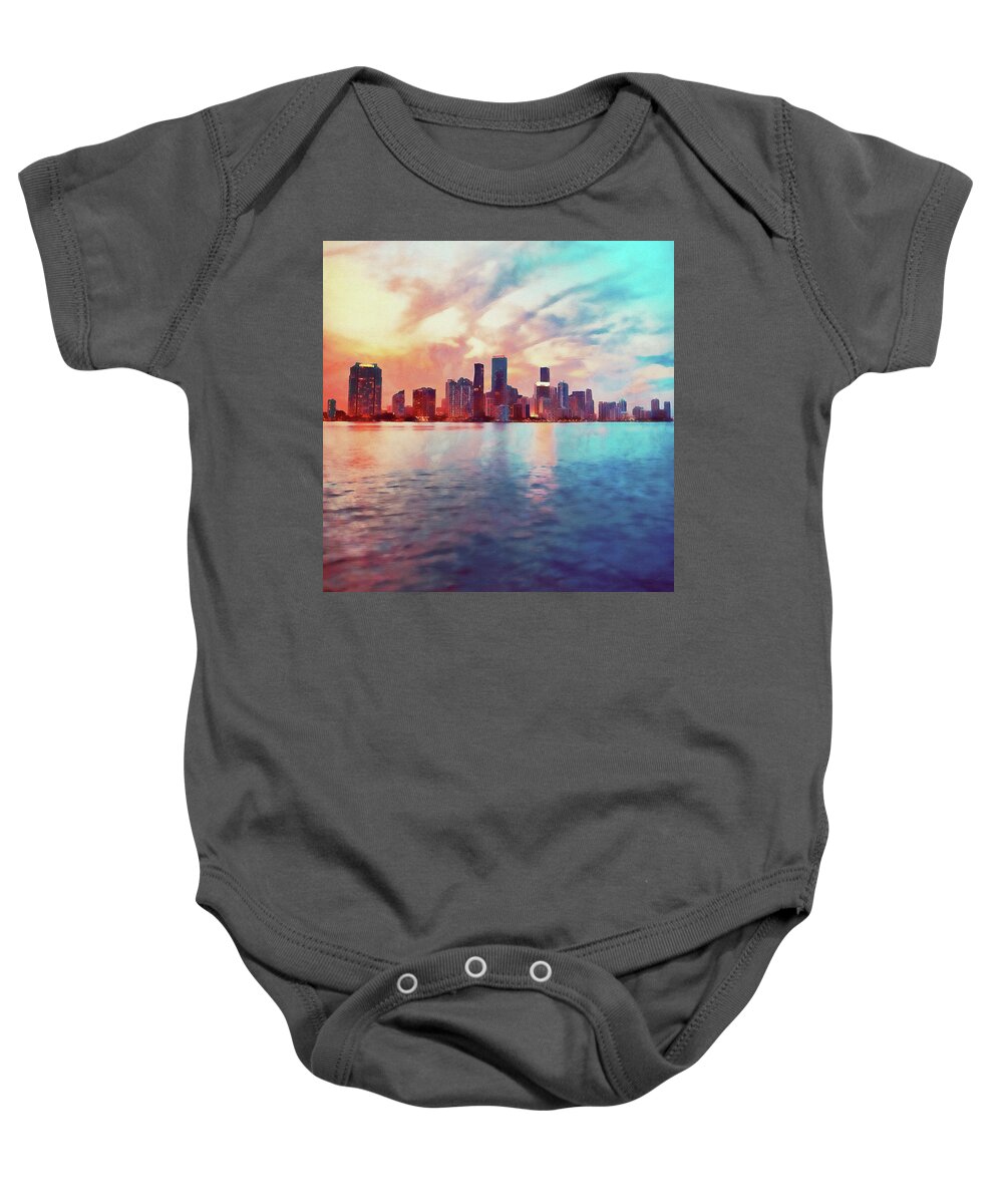 Miami Baby Onesie featuring the painting Miami Cityscape - 02 by AM FineArtPrints
