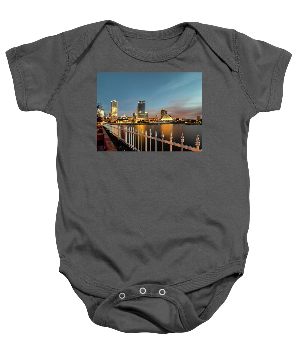 Milwaukee Skyline Baby Onesie featuring the photograph Downtown Milwaukee Skyline at Dawn by Kristine Hinrichs