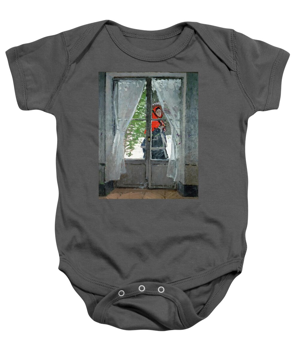 Camille Monet Baby Onesie featuring the painting Mme. Monet with a red hat called andquot, The Red Kerchiefandquot, ca. 1870. by Claude Monet -1840-1926-
