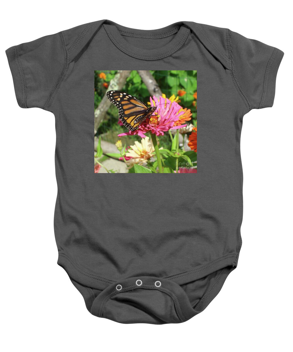 Monarch Baby Onesie featuring the photograph Monarch and Zinnia 1 by Amy E Fraser