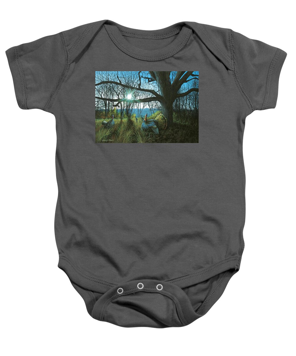 Turkey Baby Onesie featuring the painting Morning Chat - Turkey by Anthony J Padgett