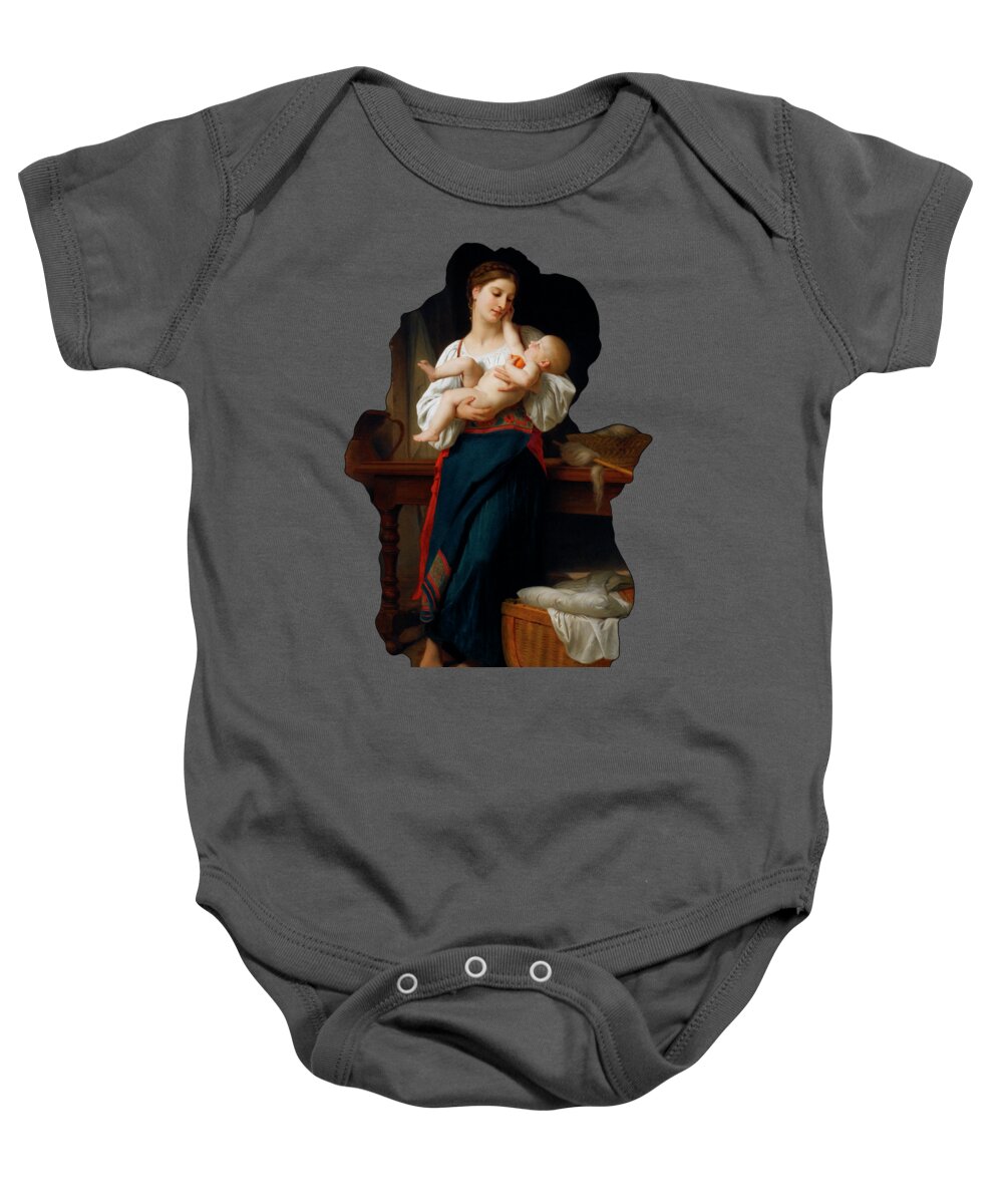 Mother And Child Baby Onesie featuring the painting Mother and Child by William Adolphe Bouguereau by Xzendor7