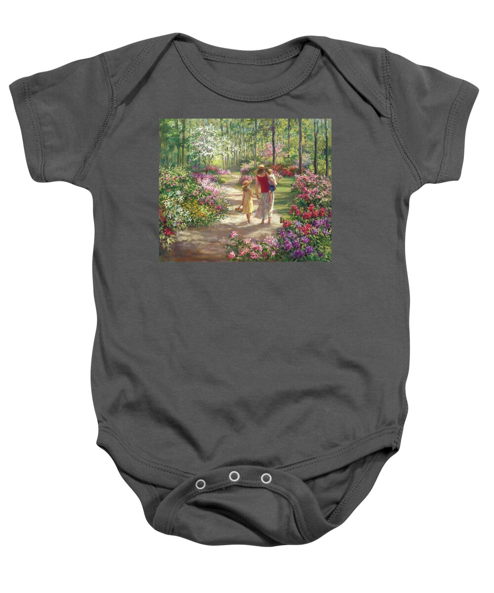 Mom And 2 Kids Baby Onesie featuring the painting Mother's Day by Laurie Snow Hein