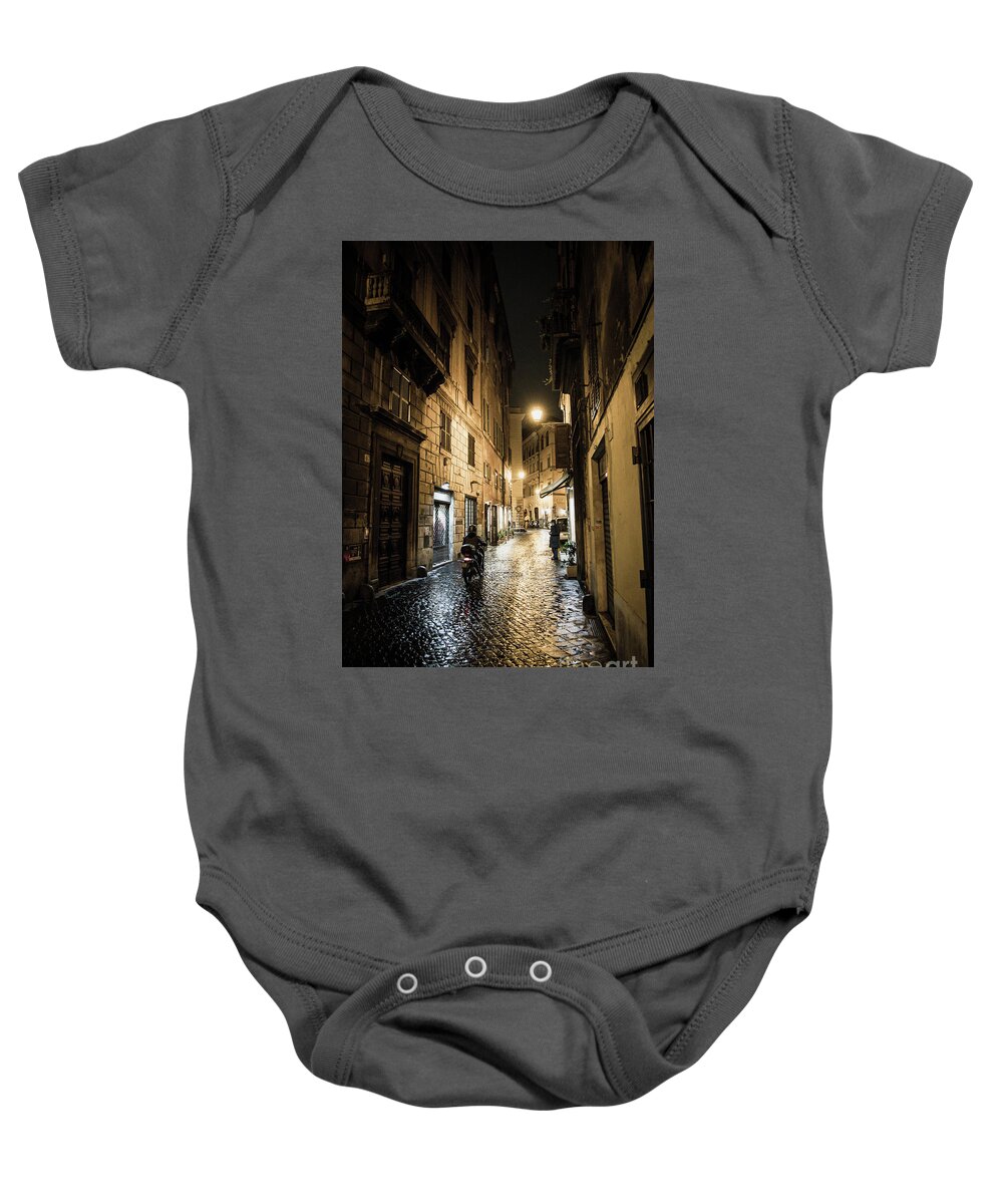 Italy Baby Onesie featuring the photograph Motorbike in Narrow Street at Night in Rome in Italy by Andreas Berthold