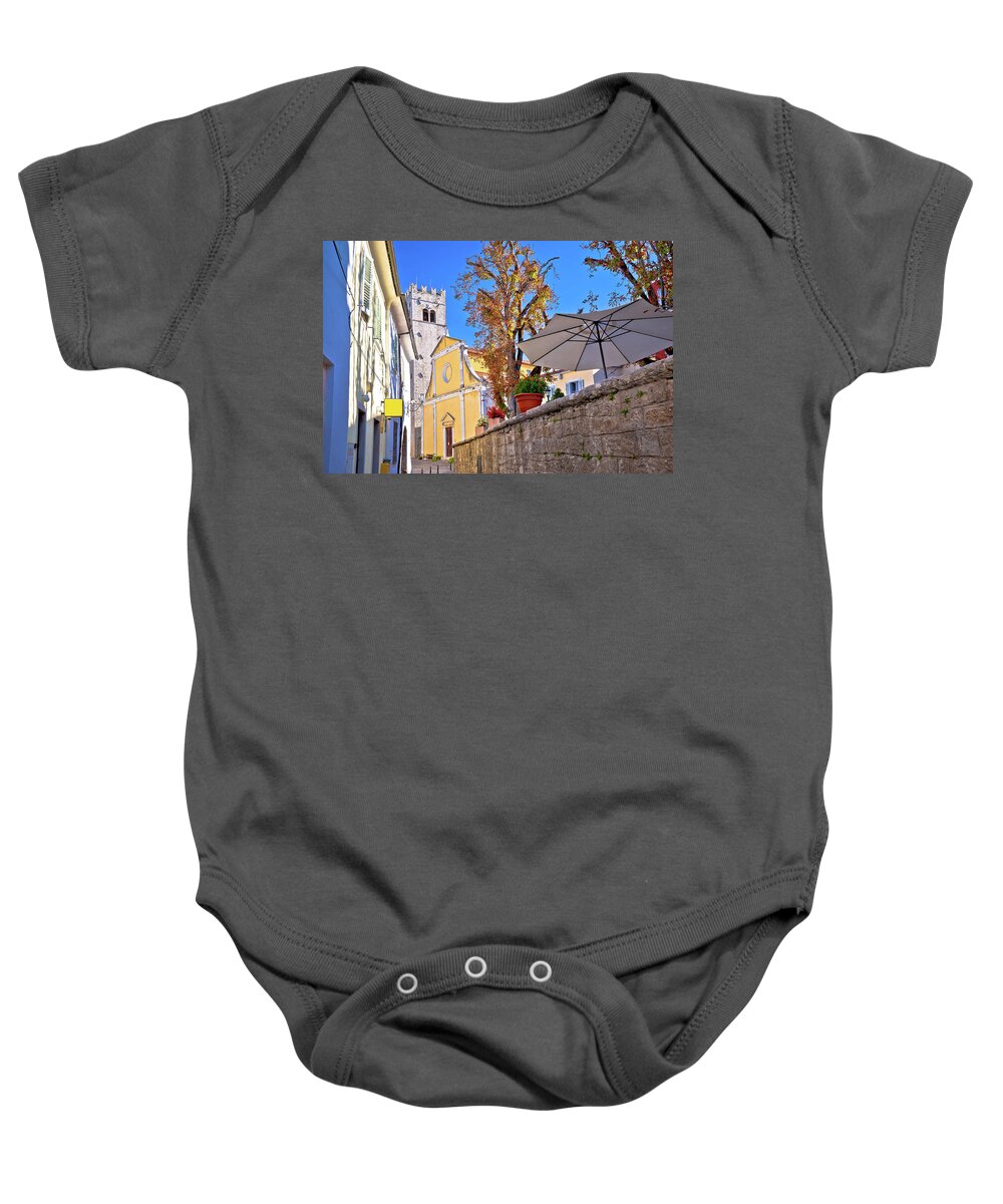 Motovun Baby Onesie featuring the photograph Motovun. Old cobbled street and church in historic town of Motov by Brch Photography