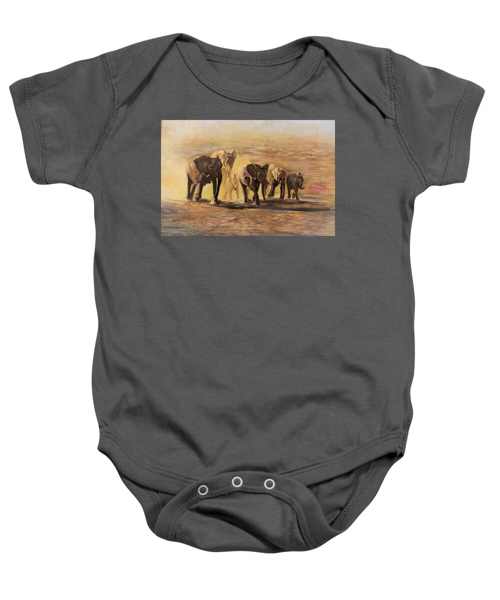 Elephant Baby Onesie featuring the painting Moving togather by Khalid Saeed