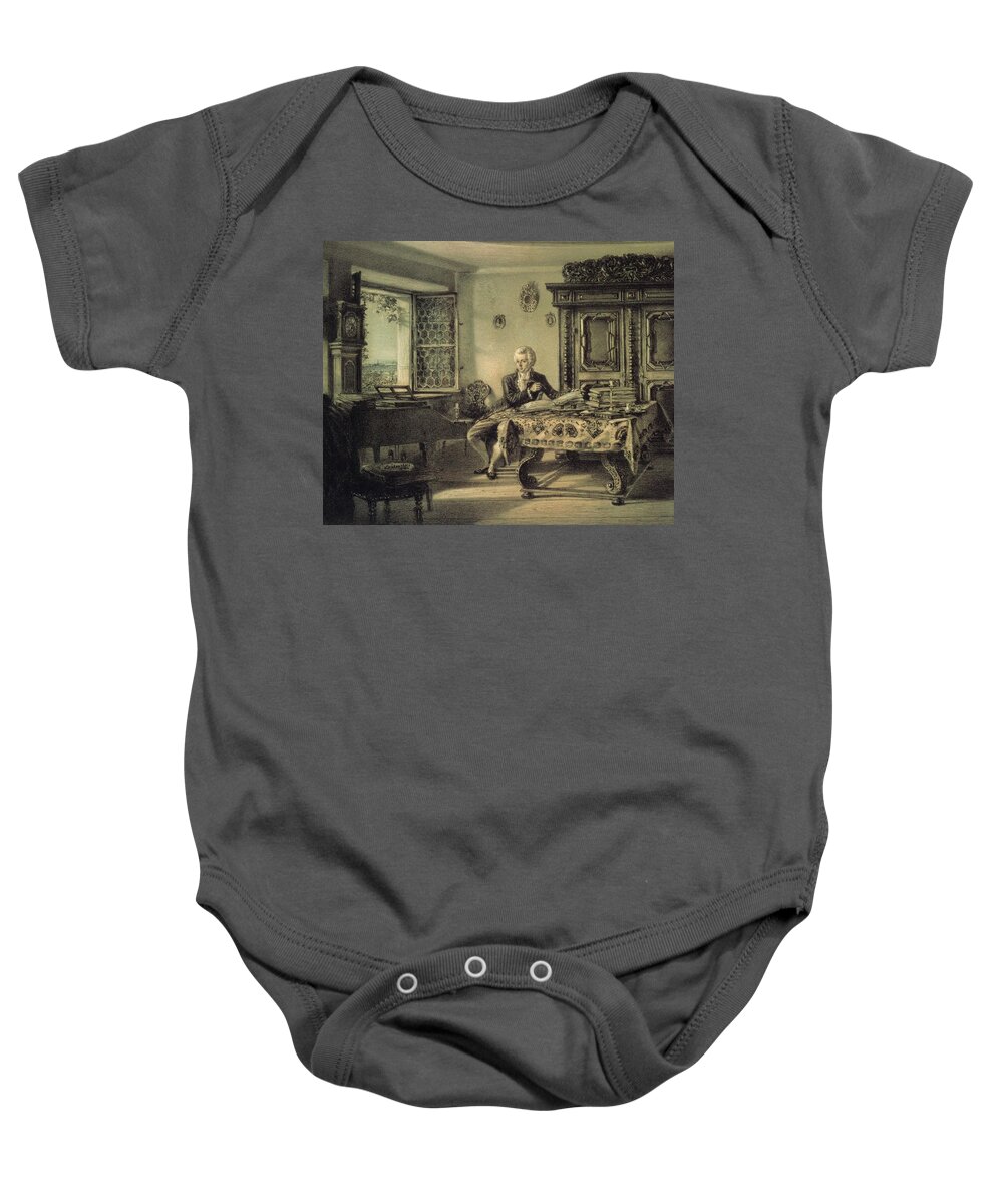 Johann Wolfgang Mozart Baby Onesie featuring the painting Mozart in his studio at Kahlenberg near Vienna, working on the 'Magic Flute'.-Lithograph by Rudol... by Album