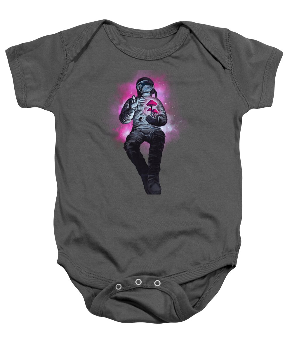 Space Travel Baby Onesie featuring the painting Mushroom Cosmonaut space traveller by Sassan Filsoof