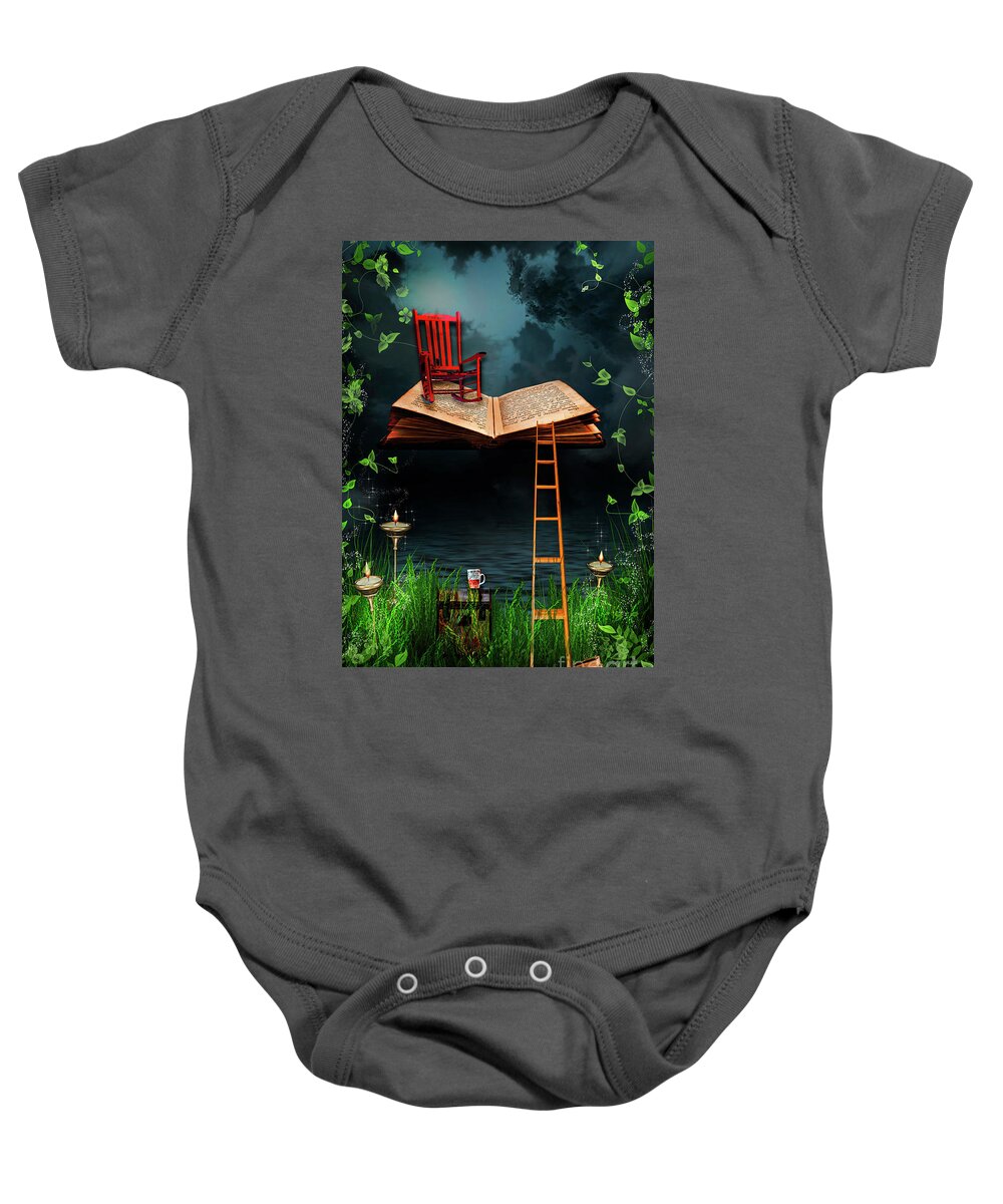 Magical Flying Book Print Baby Onesie featuring the mixed media My Book Said COME FLY WITH ME by Paula Ayers