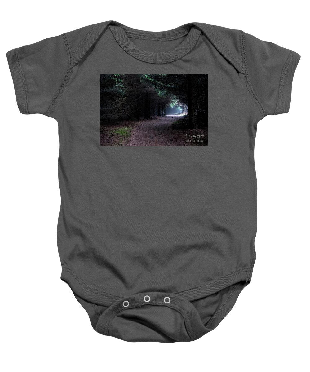 Wood Baby Onesie featuring the photograph Narrow Path Through Foggy Mysterious Forest by Andreas Berthold