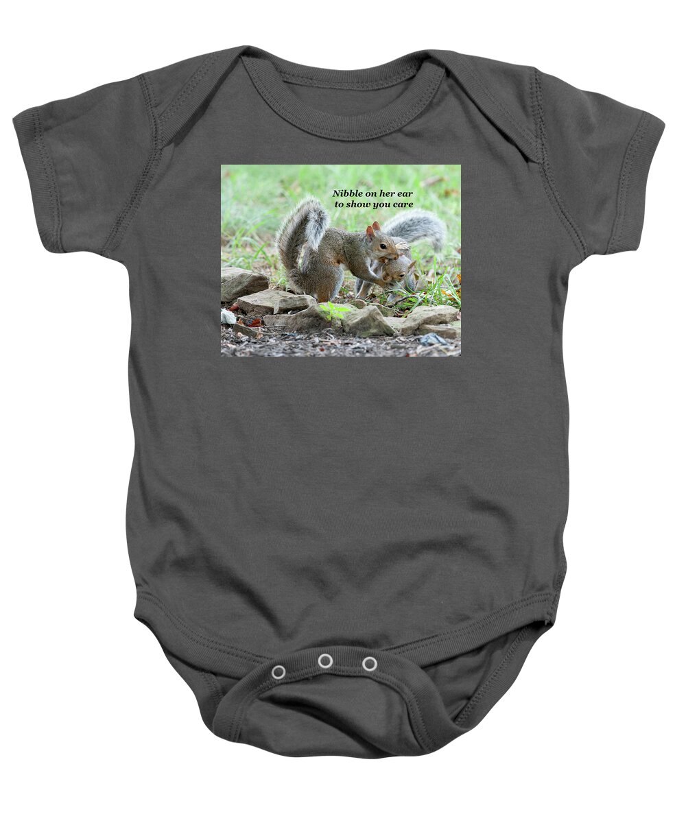 Grey Squirrel Baby Onesie featuring the photograph Nibble on her ear to show you care by Daniel Friend