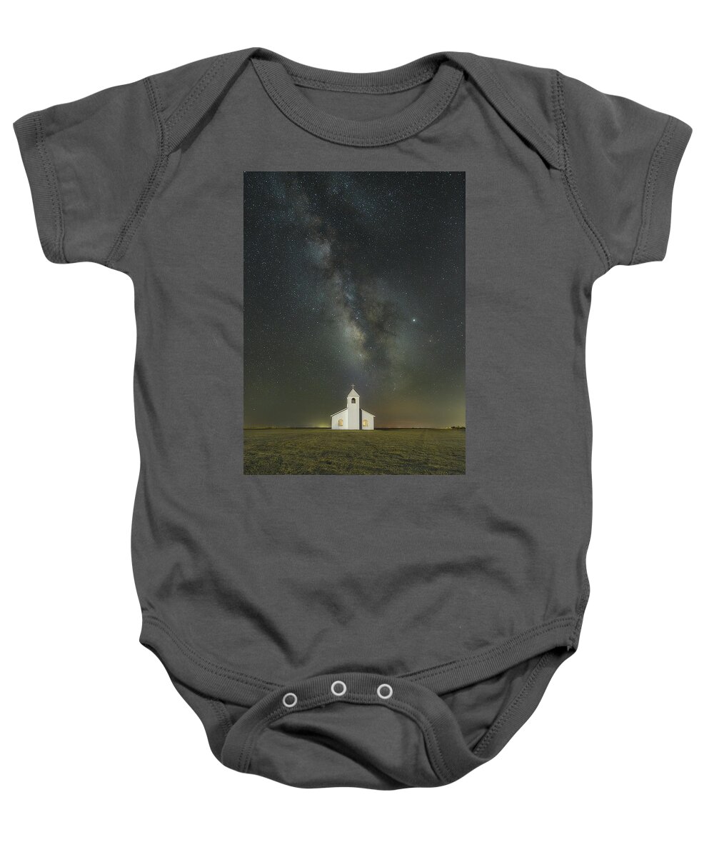 Milky Way Baby Onesie featuring the photograph Nighttime at The Chapel Revisited by James Clinich