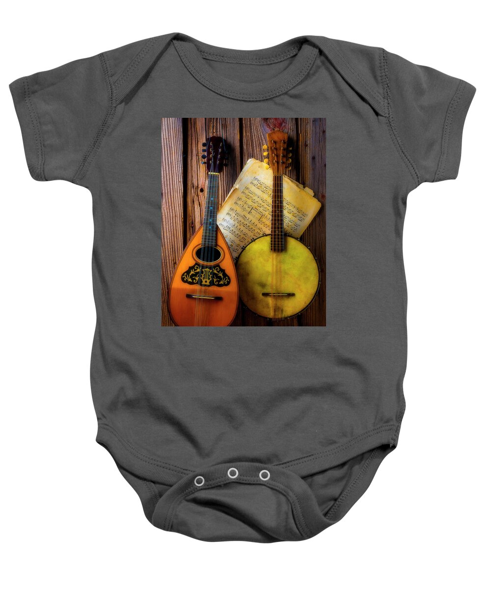 American Baby Onesie featuring the photograph Old Banjo And Mandolin by Garry Gay