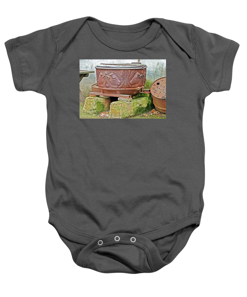 Mission Baby Onesie featuring the photograph Old Cauldron by Anthony Jones