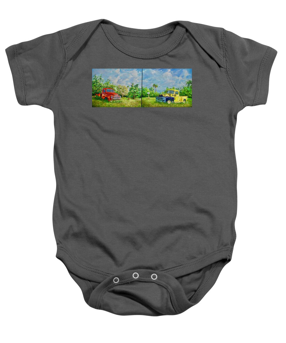 Tropical Trail Baby Onesie featuring the painting Old Flames by AnnaJo Vahle