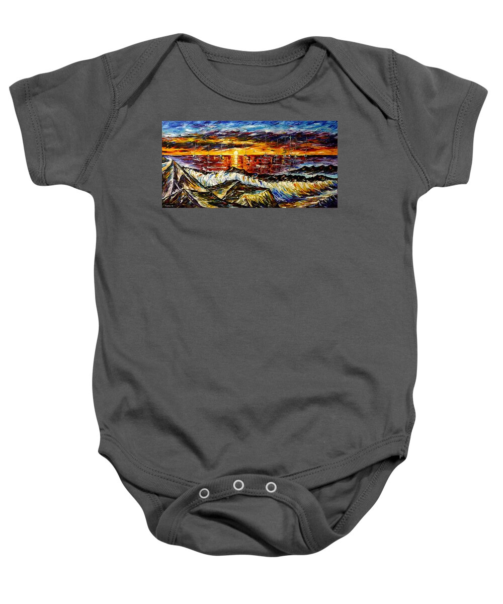 Boats On The Horizon Baby Onesie featuring the painting On The Rocky Coast by Mirek Kuzniar