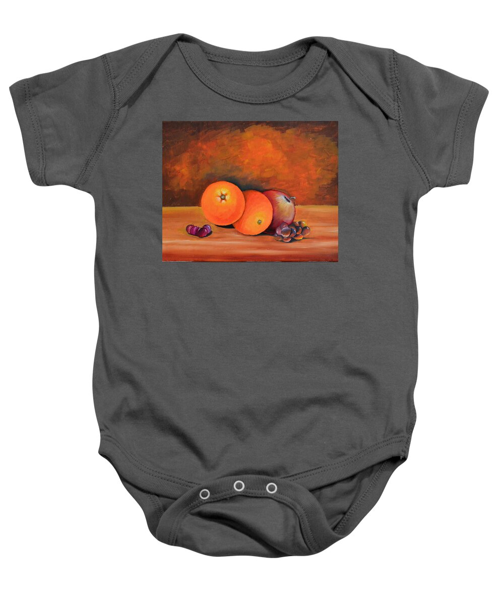This Still Life Of Fruit Was Done In Oil. I Enjoy Doing Still Life's Of Fruits And Other Objects. I Did An Impressionist Background Because I Want The Focus On The Still Life. The Oranges Baby Onesie featuring the painting Oranges and Apple by Martin Schmidt
