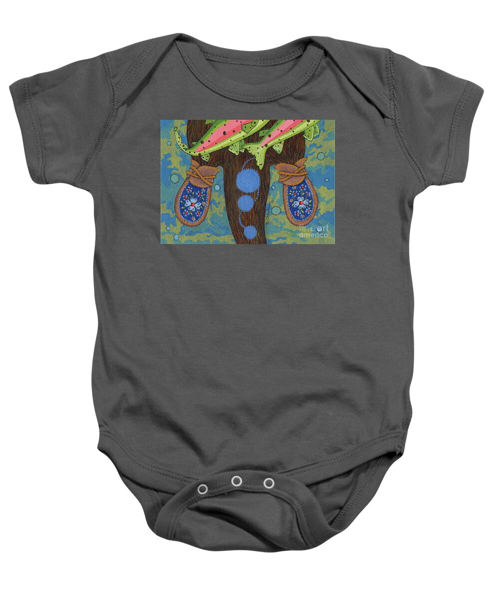 Native American Baby Onesie featuring the painting Otters Mocassins by Chholing Taha