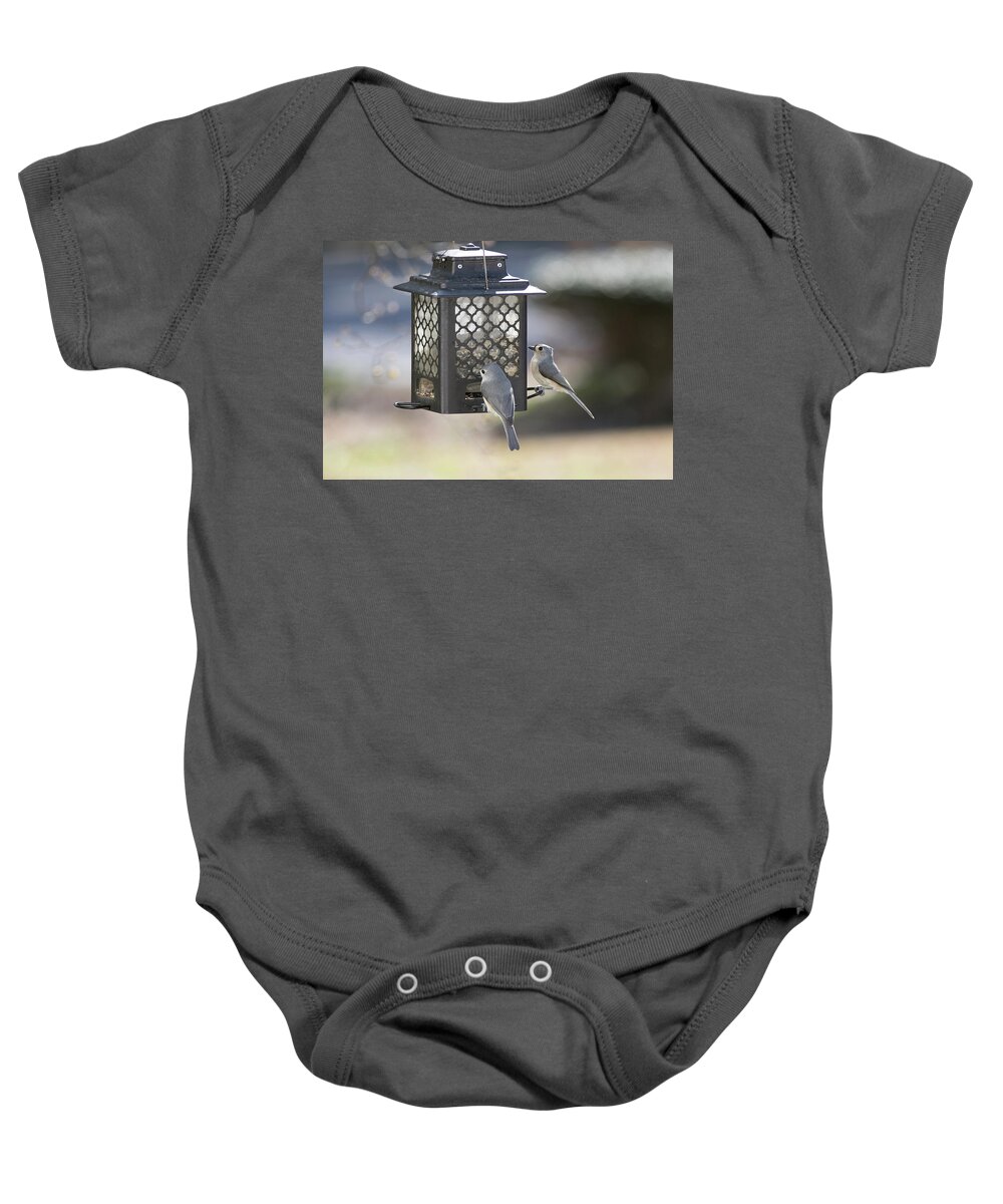 Bird Baby Onesie featuring the digital art Pair of Tufted Titmouse at the Feeder by Ed Stines