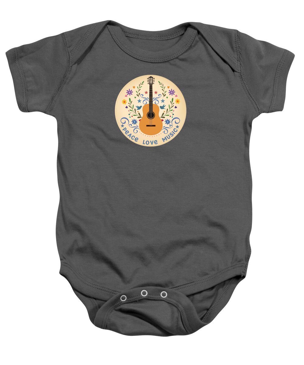 Embroidered Baby Onesie featuring the painting Peace Love And Music Folk Guitar Badge by Little Bunny Sunshine
