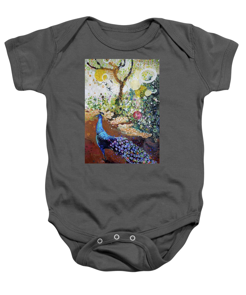 Bird Baby Onesie featuring the painting Peacock on path by Tilly Strauss