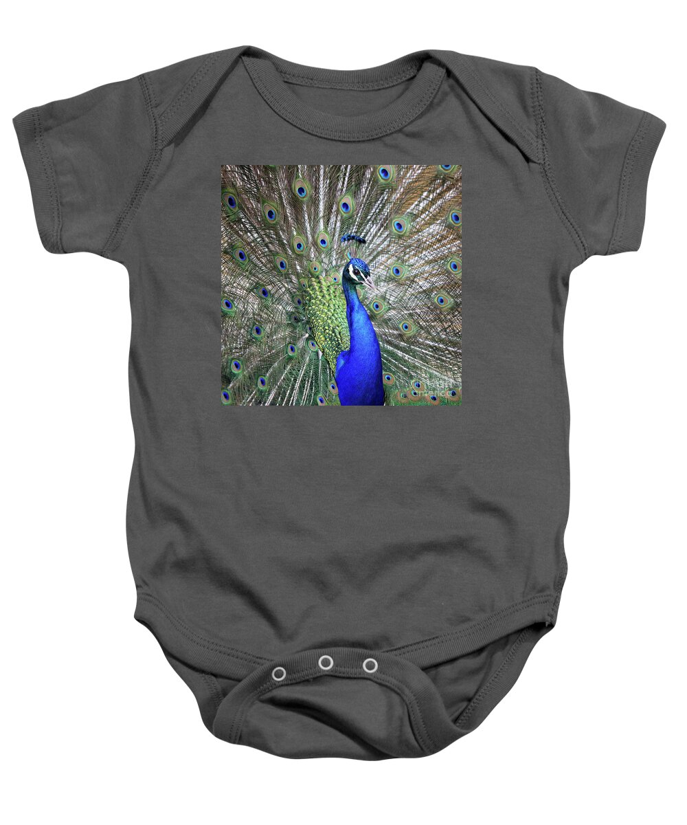 Peacock Baby Onesie featuring the photograph Peacock Portrait by Maria Gaellman