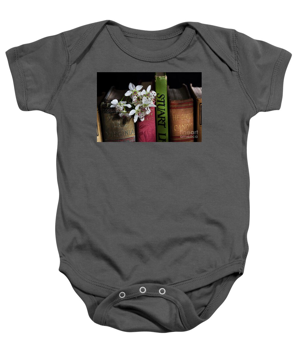Pear Baby Onesie featuring the photograph Pear Blossoms And Books by Mike Eingle