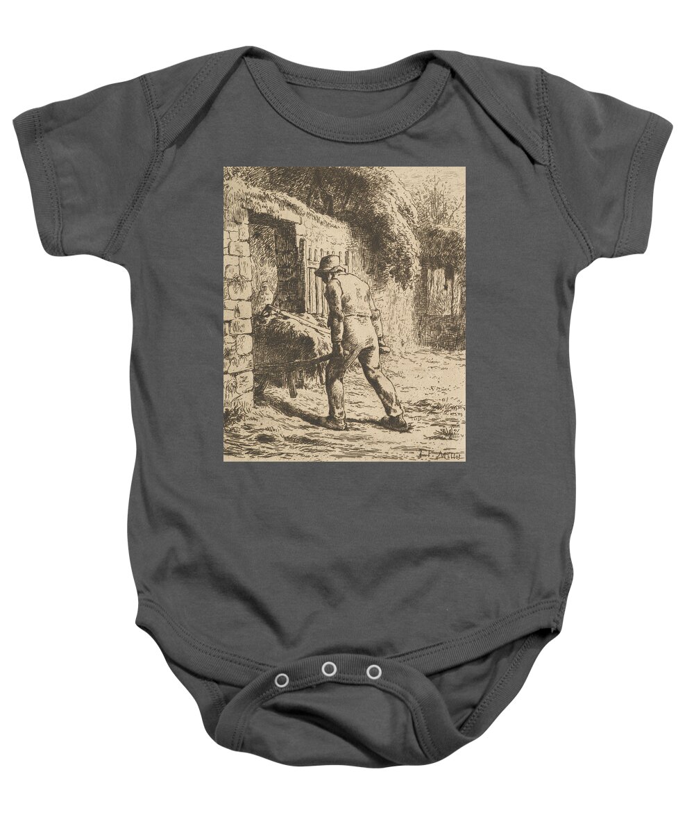 19th Century Art Baby Onesie featuring the relief Peasant Pushing A Wheelbarrow by Jean-Francois Millet