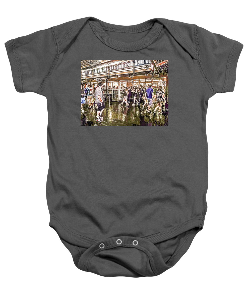 Chelsea Baby Onesie featuring the painting People walking through the Chelsea market 3 by Jeelan Clark