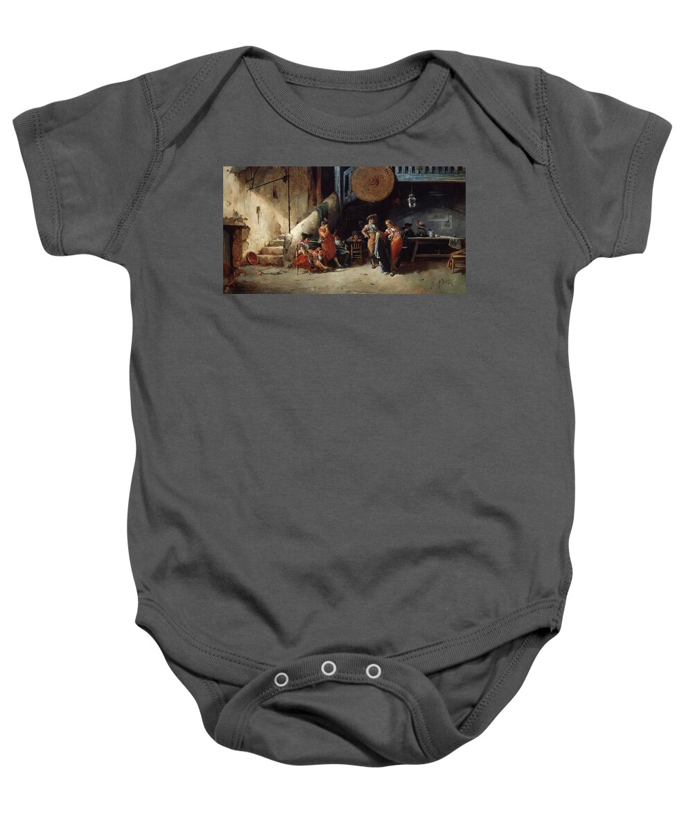 Costillares (joaquin Rodriguez) Baby Onesie featuring the painting PEPE-HILLO LEARNING BULL FIGHTING - 1889 - 70X130cm. LIZCANO ANGEL. by Angel Lizcano Monedero -1846-1929-