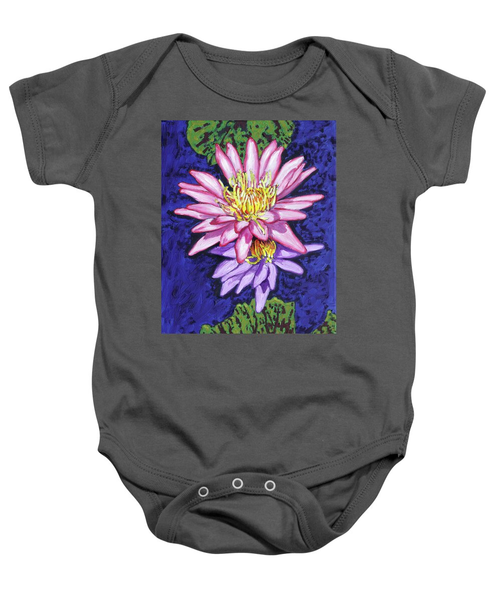 Water Lilies Baby Onesie featuring the painting Pink on Blue by John Lautermilch