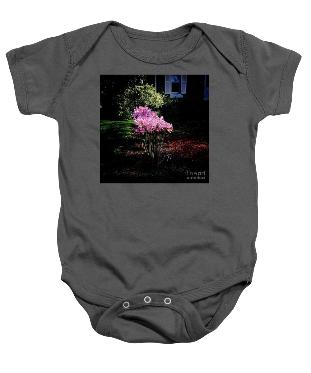 Flowers Baby Onesie featuring the photograph Pink Sunlit Flowers in the Neighborhood by Frank J Casella