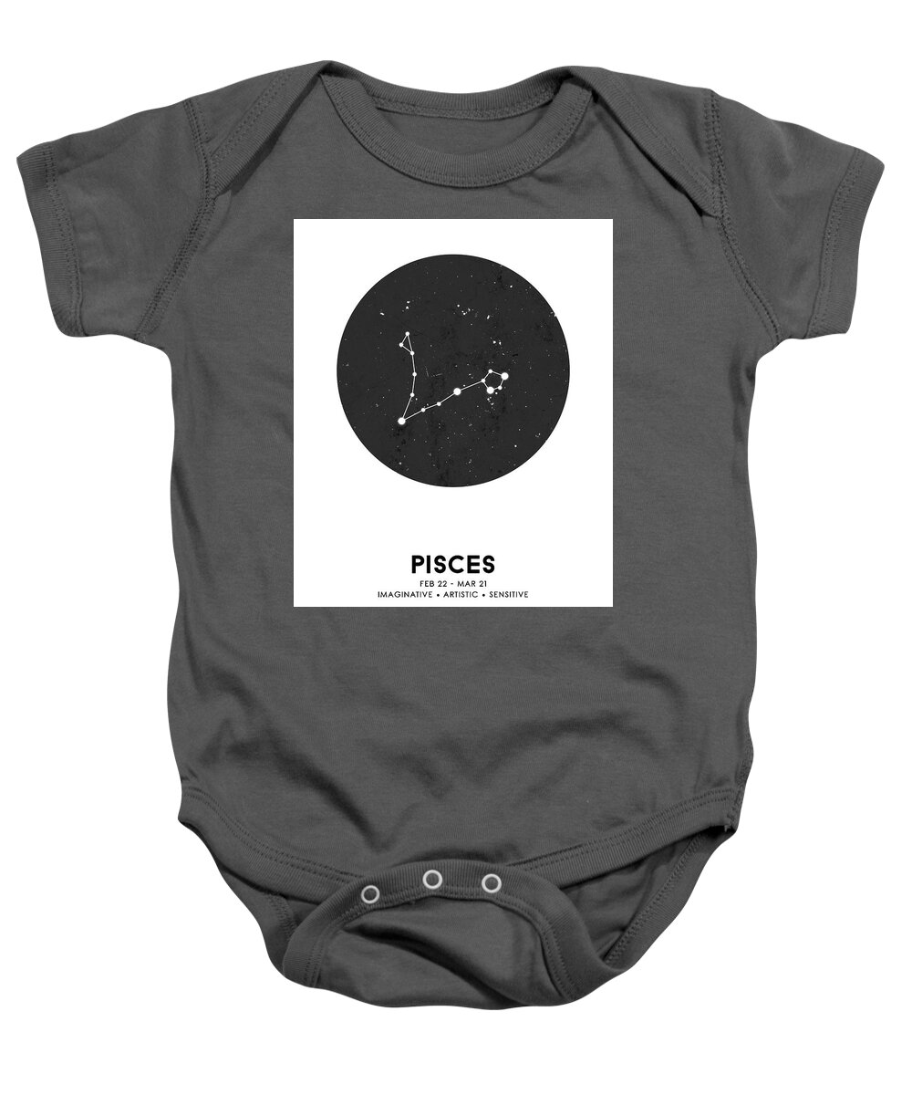 Pisces Baby Onesie featuring the mixed media Pisces Print - Zodiac Signs Print - Zodiac Posters - Pisces Poster - Night Sky - Pisces Traits by Studio Grafiikka