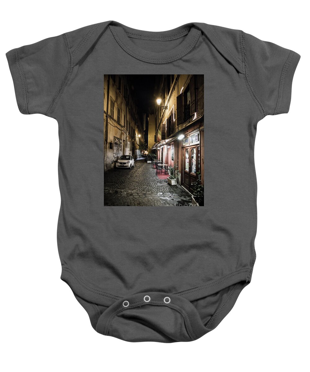 Italy Baby Onesie featuring the photograph Pizzeria in Abandoned Street at Night in Rome in Italy by Andreas Berthold