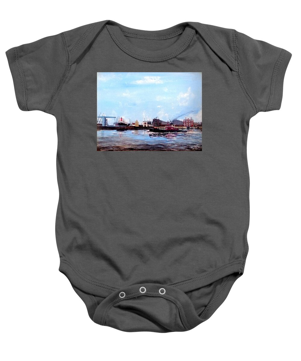Pla Baby Onesie featuring the painting Pla Tug Placard Pa,ssing West India Dock Entrance, London 1980 by Mackenzie Moulton