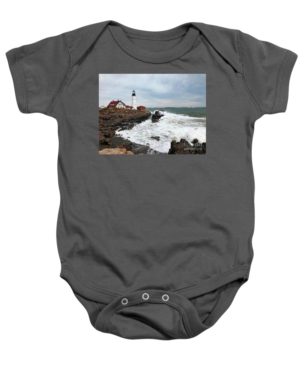 Winter Baby Onesie featuring the photograph Portland Head Light Surf by Jeanette French